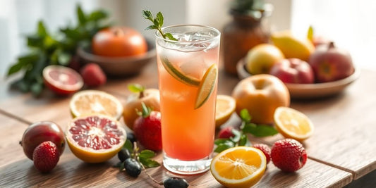 Glass of Myer's Cocktail with fruits and herbs.
