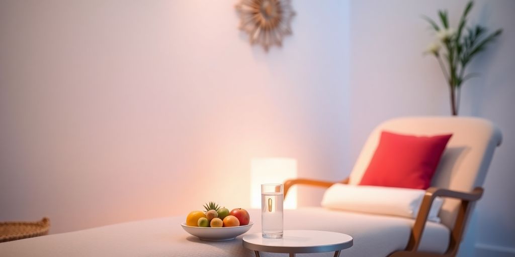 Serene post-treatment space with fruits and water.
