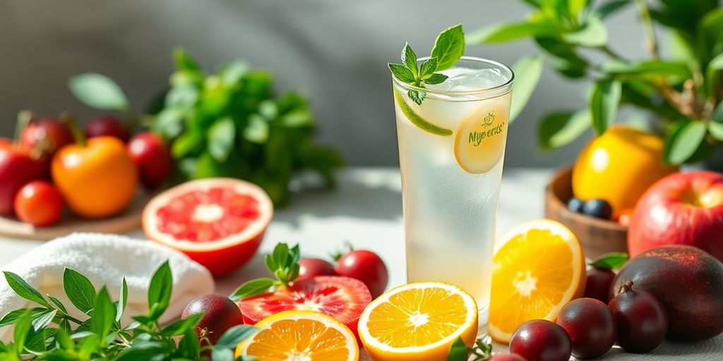 A glass of Myer's Cocktail with fresh ingredients.