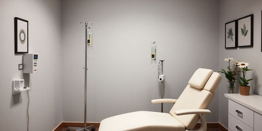 Calm clinic with IV drip and relaxing chair.