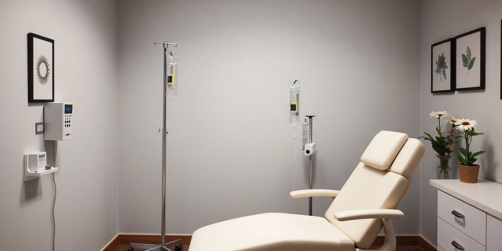 Calm clinic with IV drip and relaxing chair.